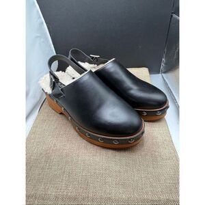 Kelsi Dagger Black Leather Clogs with Brown Sole